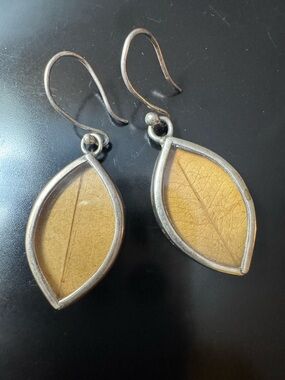 950 Silver Real Leaf Dangle Earrings Botanical Nature Encased Organic Jewelry